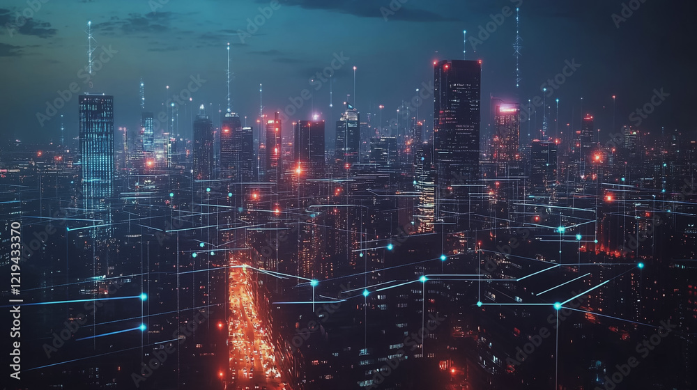 Smart digital Innovation city with connection network reciprocity over the twilight cityscape. of future smart wireless digital city and social media networking systems that connects people with city Smart digital Innovation city with connection network reciprocity over the twilight cityscape. of future smart wireless digital city and social media networking systems that connects people with city