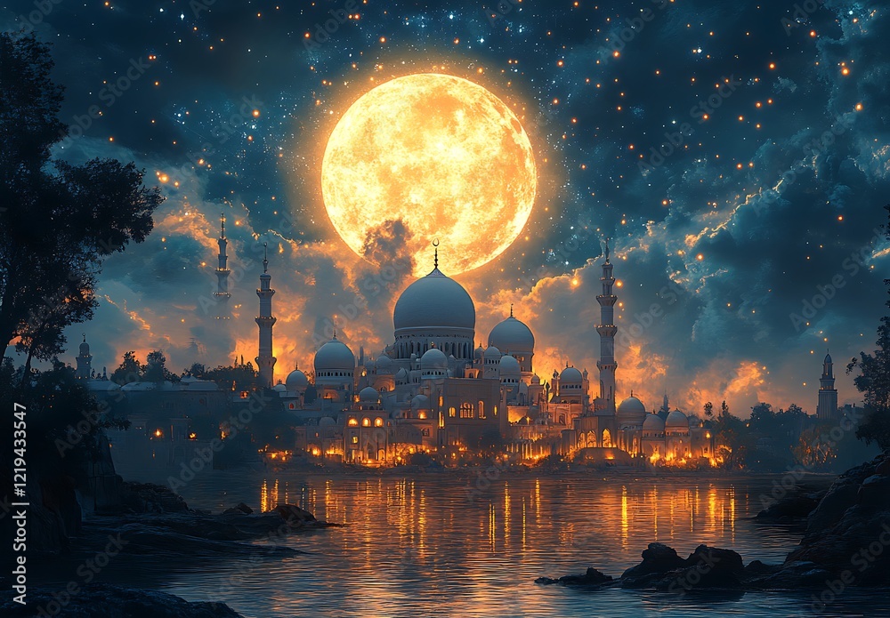 Obraz premium Fantastical Nightscape with a Large Moon Over a Domed City, Reflecting on Water Under a Starry Sky