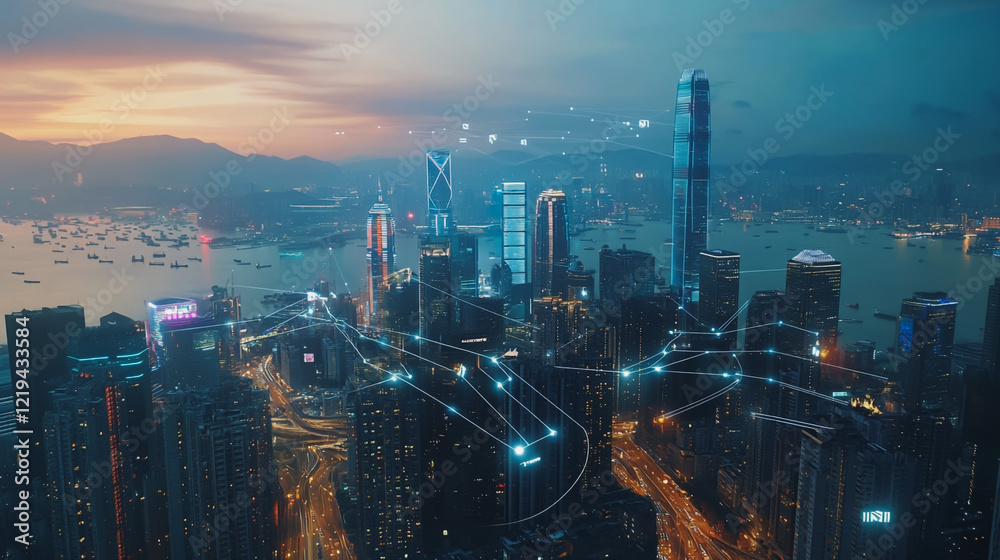 Fototapeta premium Smart digital Innovation city with connection network reciprocity over the twilight cityscape. of future smart wireless digital city and social media networking systems that connects people with city
