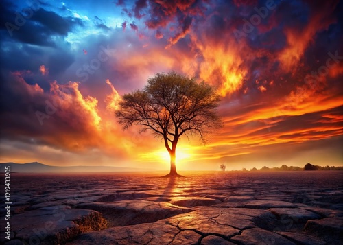 Silhouette of lone tree against burning, desolated landscape at sunset