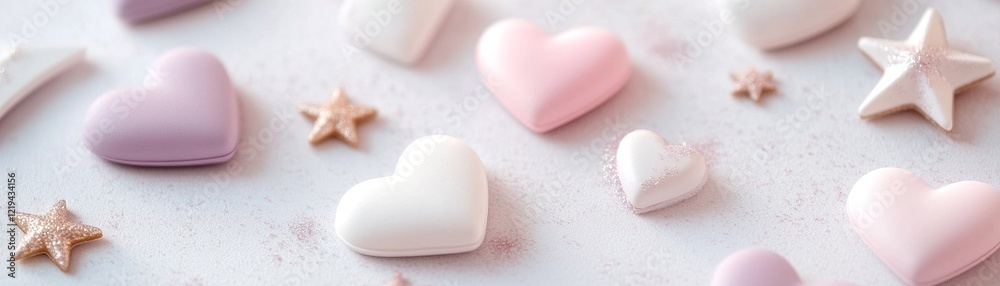 Fototapeta premium Delicate hearts and stars in pastel pink, lavender, and gold are softly scattered on a neutral surface, providing ample space for adding textual elements in a whimsical and clean layout
