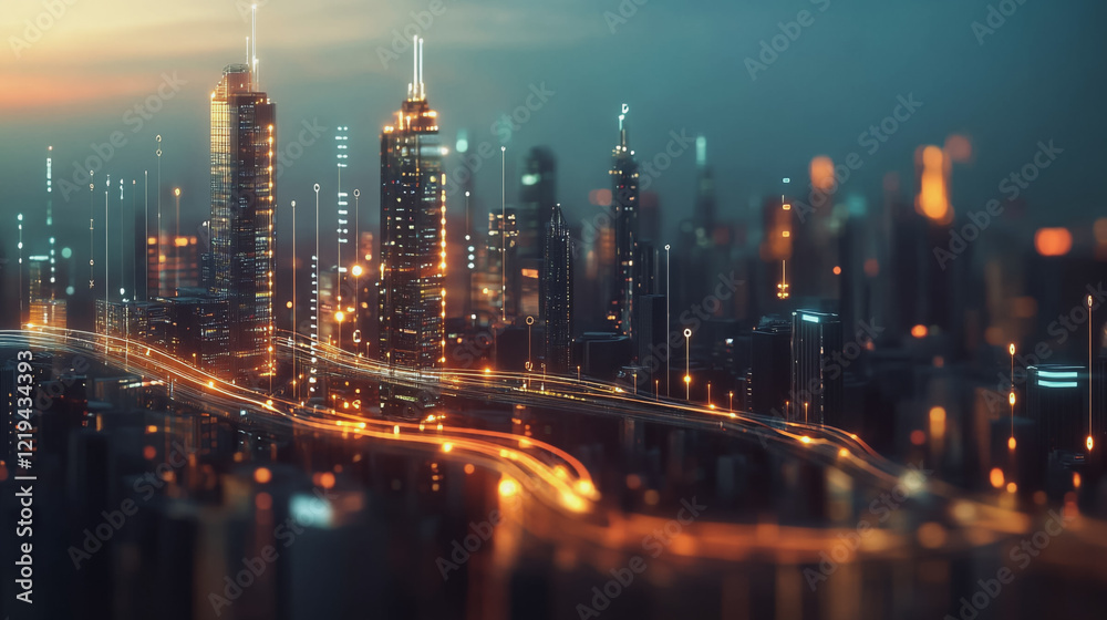 Fototapeta premium Smart digital Innovation city with connection network reciprocity over the twilight cityscape. of future smart wireless digital city and social media networking systems that connects people with city