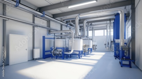 A white and blue industrial scene with pipes and machinery. The image is a computer-generated rendering of a factory