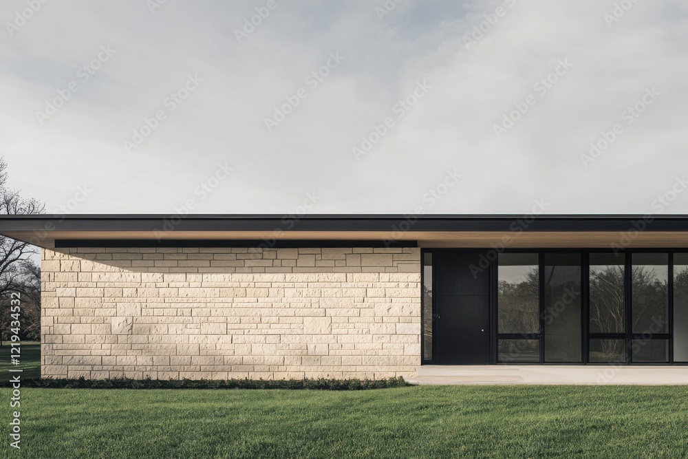 Modern architectural design features natural stone facade and expansive windows set against a green landscape in the afternoon light Modern architectural design features natural stone facade and expansive windows set against a green landscape in the afternoon light