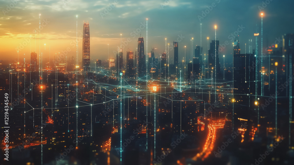 custom made wallpaper toronto digitalSmart digital Innovation city with connection network reciprocity over the twilight cityscape. of future smart wireless digital city and social media networking systems that connects people with city
