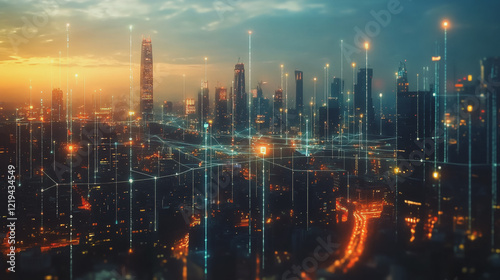 Wallpaper Mural Smart digital Innovation city with connection network reciprocity over the twilight cityscape. of future smart wireless digital city and social media networking systems that connects people with city
 Torontodigital.ca