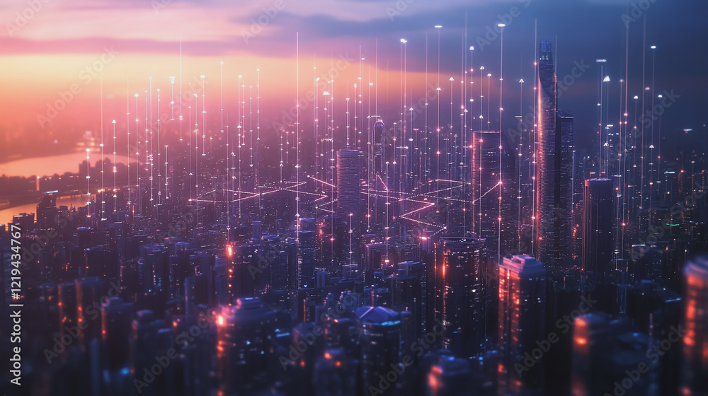 Fototapeta premium Smart digital Innovation city with connection network reciprocity over the twilight cityscape. of future smart wireless digital city and social media networking systems that connects people with city 