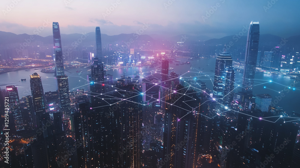 Fototapeta premium Smart digital Innovation city with connection network reciprocity over the twilight cityscape. of future smart wireless digital city and social media networking systems that connects people with city 