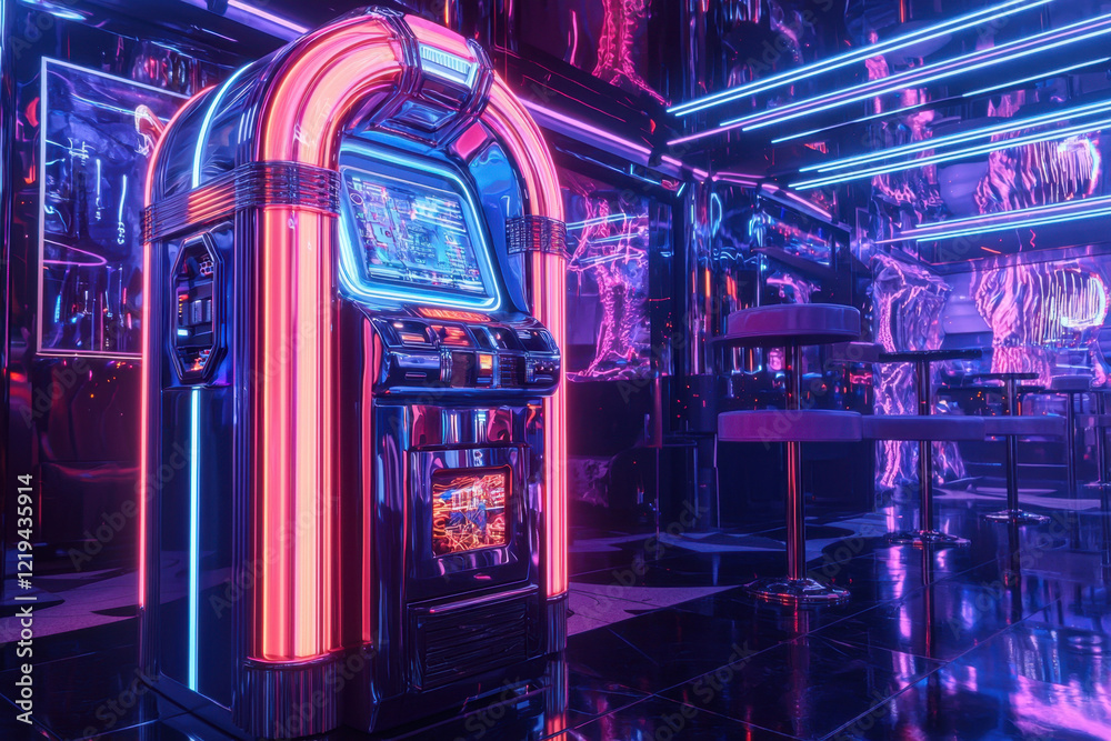 Fototapeta premium Neon-lit jukebox in a retro diner creating a vibrant and colorful nostalgic atmosphere.
