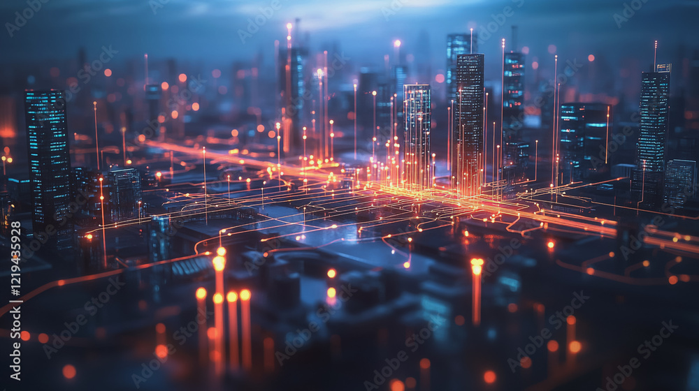 Fototapeta premium Smart digital Innovation city with connection network reciprocity over the twilight cityscape. of future smart wireless digital city and social media networking systems that connects people with city 