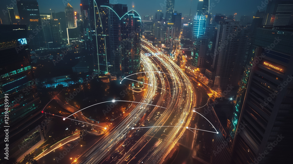 Fototapeta premium Smart digital Innovation city with connection network reciprocity over the twilight cityscape. of future smart wireless digital city and social media networking systems that connects people with city 