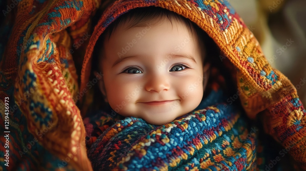 A baby girl wrapped in a colorful blanket, smiling and looking directly at the camera. A baby girl wrapped in a colorful blanket, smiling and looking directly at the camera.