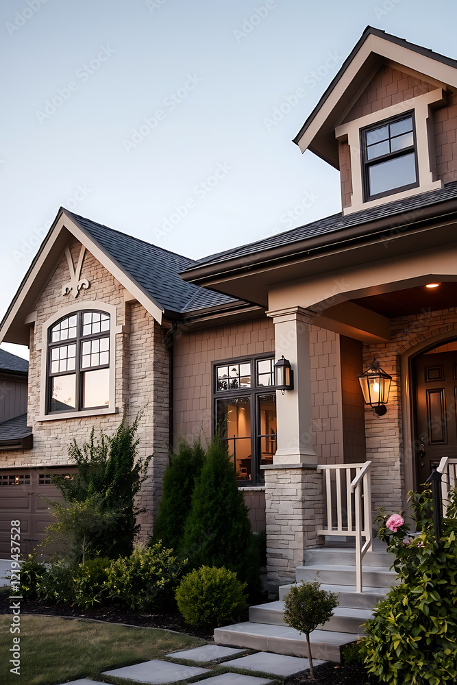 Obraz premium Luxury Modern Home Exterior: Elegant Stone Facade, Landscaping, and Evening Lighting
