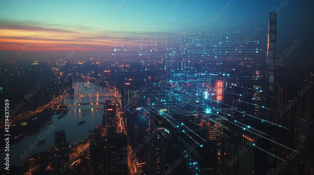 Fototapeta premium Smart digital Innovation city with connection network reciprocity over the twilight cityscape. of future smart wireless digital city and social media networking systems that connects people with city 