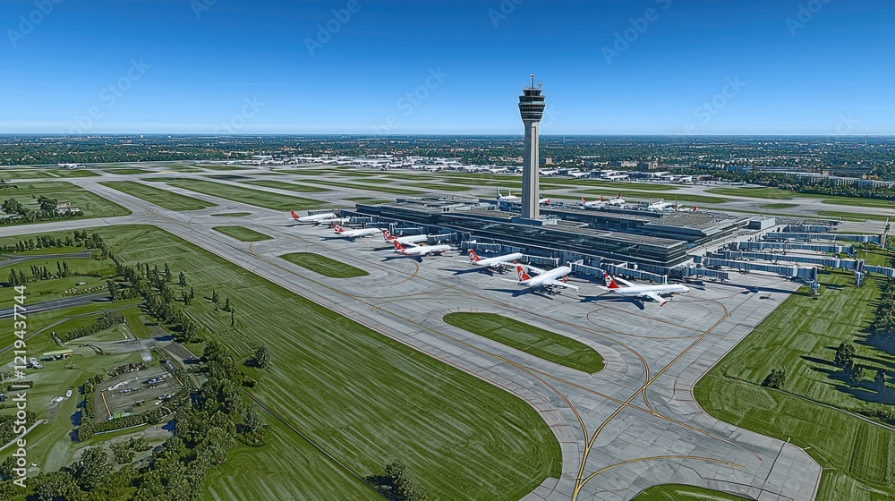 Fototapeta premium Munich Airport: Aerial View of Airplanes, Terminal, and Control Tower