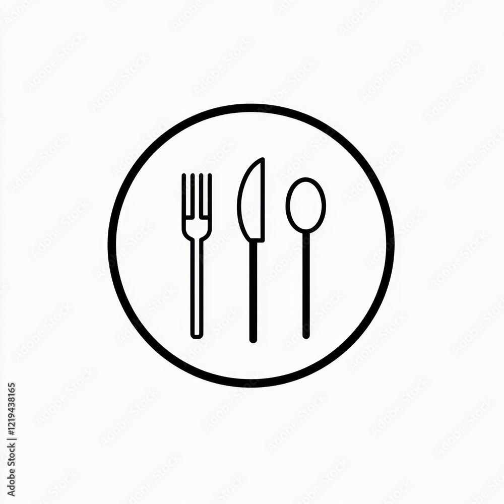 Cutlery fork, knife, spoon inside circle symbol for restaurant or food menu use Cutlery fork, knife, spoon inside circle symbol for restaurant or food menu use
