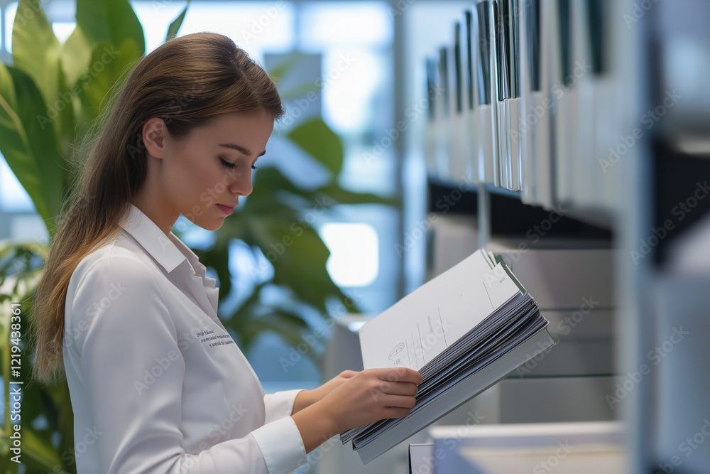 Fototapeta premium A woman organizing files in a corporate office