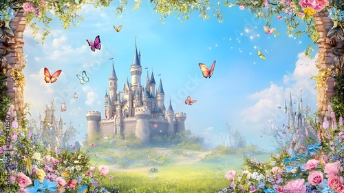 Enchanted Castle Surrounded by Colorful Butterflies and Flowers