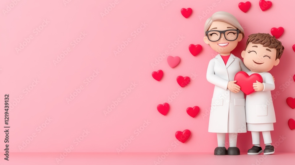 Happy Characters Holding Heart on Pink Background with Love Theme Happy Characters Holding Heart on Pink Background with Love Theme