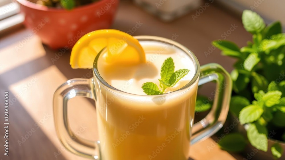 Refreshing Lemon and Mint Smoothie in Sunlight Refreshing Lemon and Mint Smoothie in Sunlight