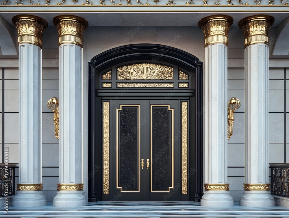Fototapeta premium Majestic Mansion Entrance with Grandiose Golden Doors and Dramatic Stone Pillars