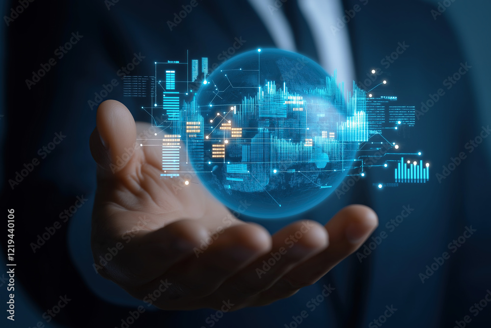 handholding a globe with financial data handholding a globe with financial data