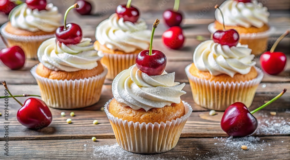 Cupcakes with cream and cherries on a wooden surface. Cupcakes with cream and cherries on a wooden surface.