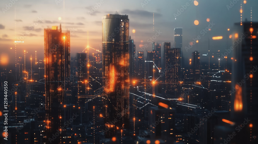 Fototapeta premium Smart digital Innovation city with connection network reciprocity over the twilight cityscape. of future smart wireless digital city and social media networking systems that connects people with city 