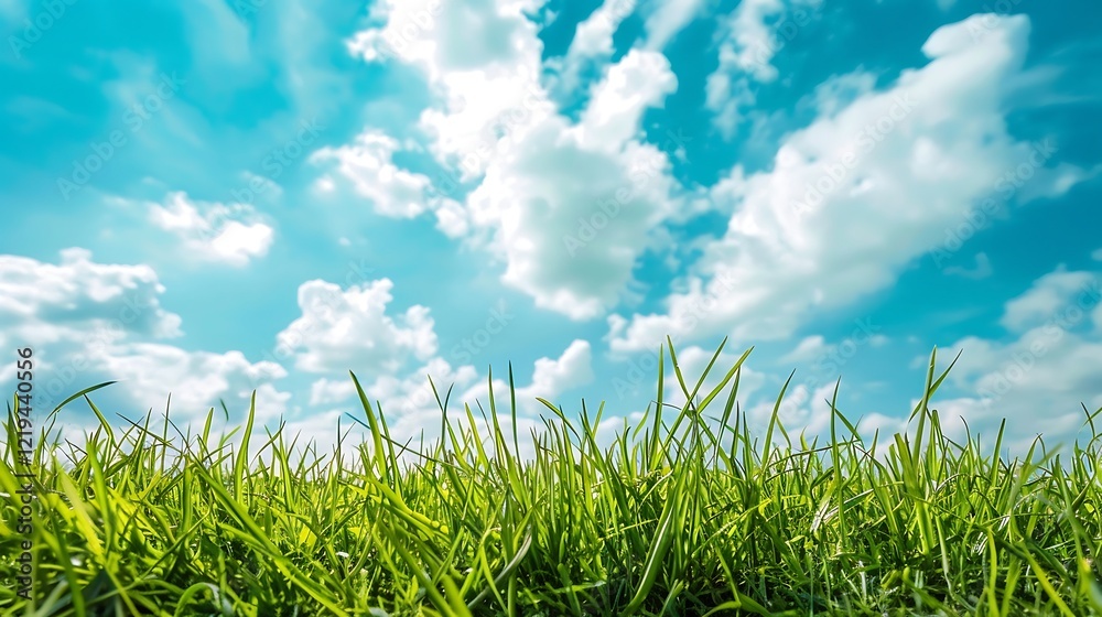 Green grass and blue sky with white clouds. Beautiful summer landscape. Green grass and blue sky with white clouds. Beautiful summer landscape.