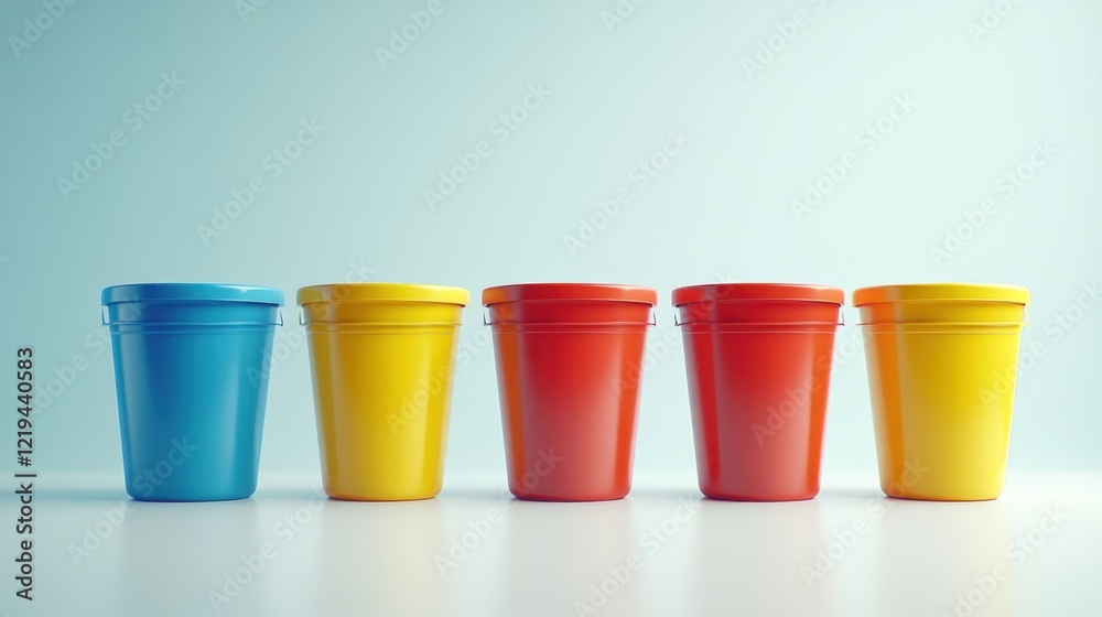 Five colorful plastic cups arranged in a row on a white surface with a blue background. Five colorful plastic cups arranged in a row on a white surface with a blue background.