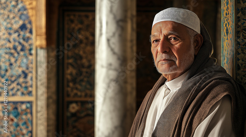 Portrait shot of an old man with white beard in mosque photo