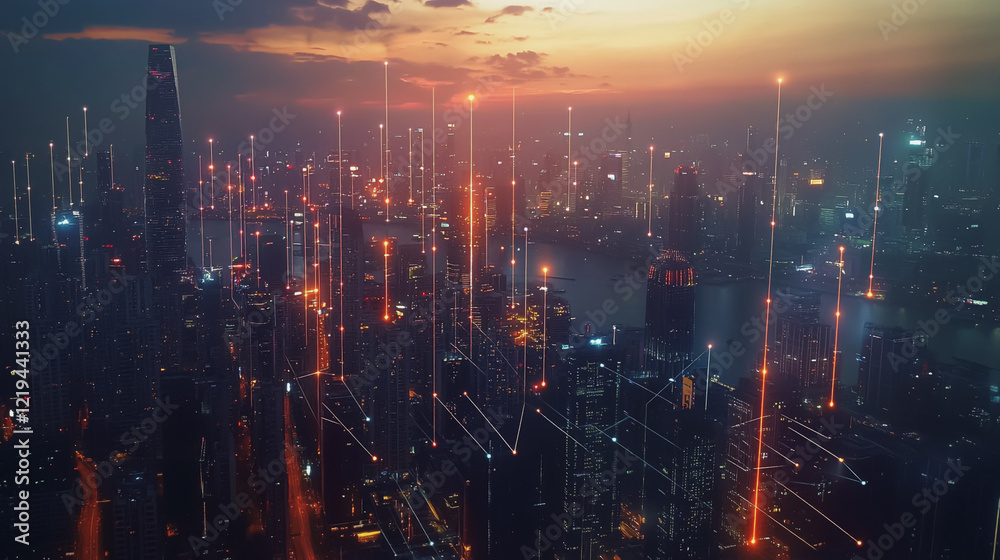 Fototapeta premium Smart digital Innovation city with connection network reciprocity over the twilight cityscape. of future smart wireless digital city and social media networking systems that connects people with city 