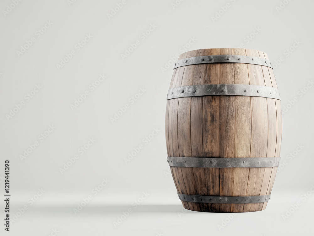 Obraz premium Wooden Barrel on White Background: Rustic Storage Container with Metal Bands