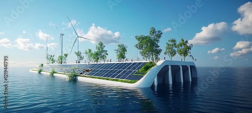 A futuristic dam integrated with solar panels and wind turbines, maximizing renewable energy output  photo