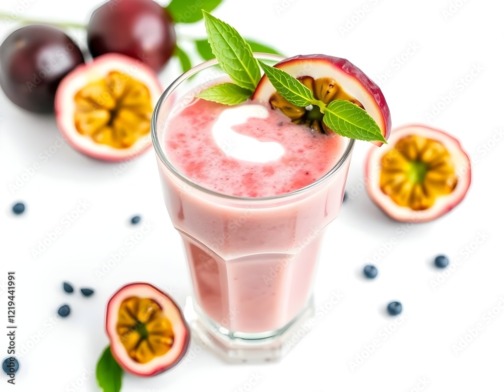 Chilled Passion Fruit Smoothie with Yogurt Served in a Glass, Isolated on White Background Chilled Passion Fruit Smoothie with Yogurt Served in a Glass, Isolated on White Background