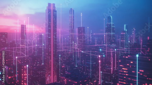 Wallpaper Mural Smart digital Innovation city with connection network reciprocity over the twilight cityscape. of future smart wireless digital city and social media networking systems that connects people with city
 Torontodigital.ca