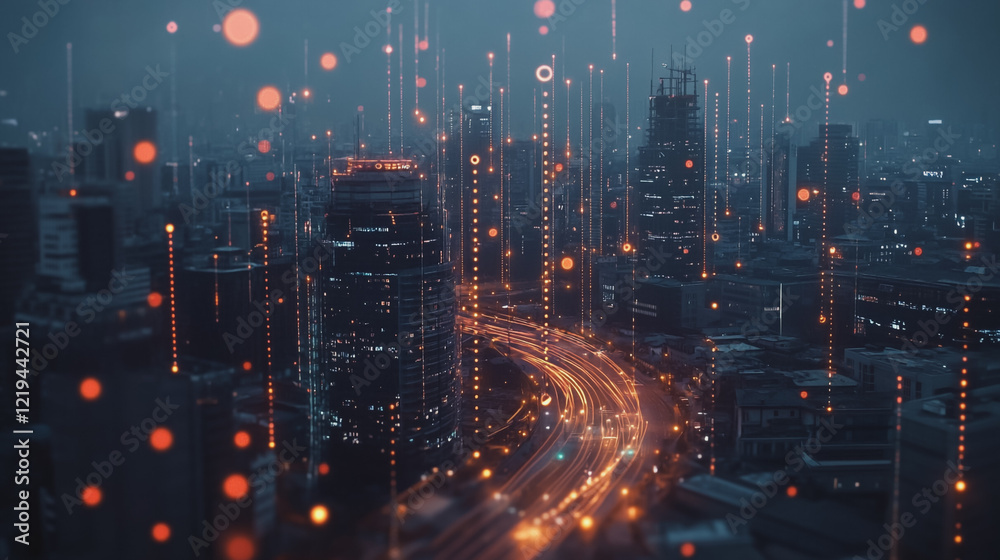 Naklejka premium Smart digital Innovation city with connection network reciprocity over the twilight cityscape. of future smart wireless digital city and social media networking systems that connects people with city