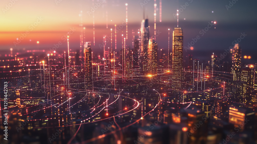 Fototapeta premium Smart digital Innovation city with connection network reciprocity over the twilight cityscape. of future smart wireless digital city and social media networking systems that connects people with city 