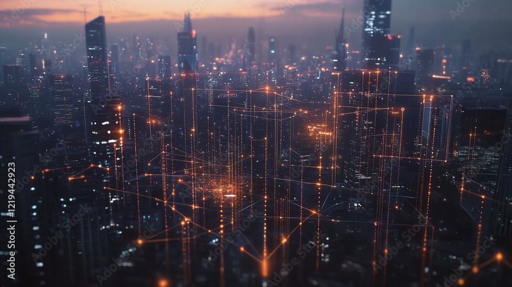 Fototapeta premium Smart digital Innovation city with connection network reciprocity over the twilight cityscape. of future smart wireless digital city and social media networking systems that connects people with city 