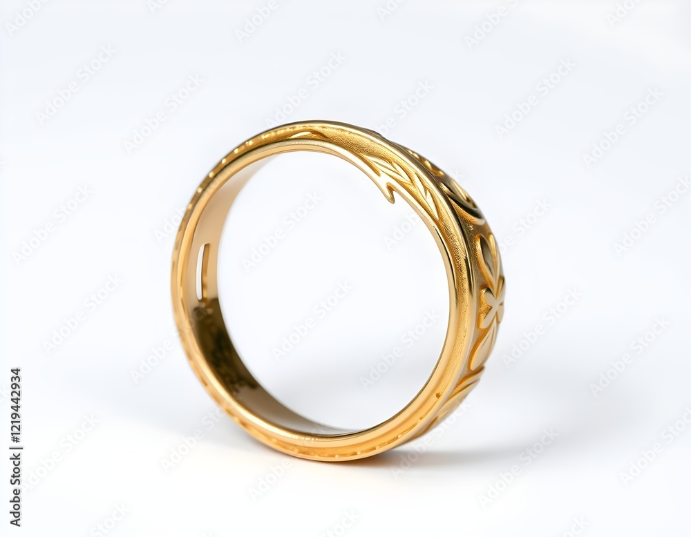 Elegant Golden Ring with Detailed Engravings on White Background Elegant Golden Ring with Detailed Engravings on White Background