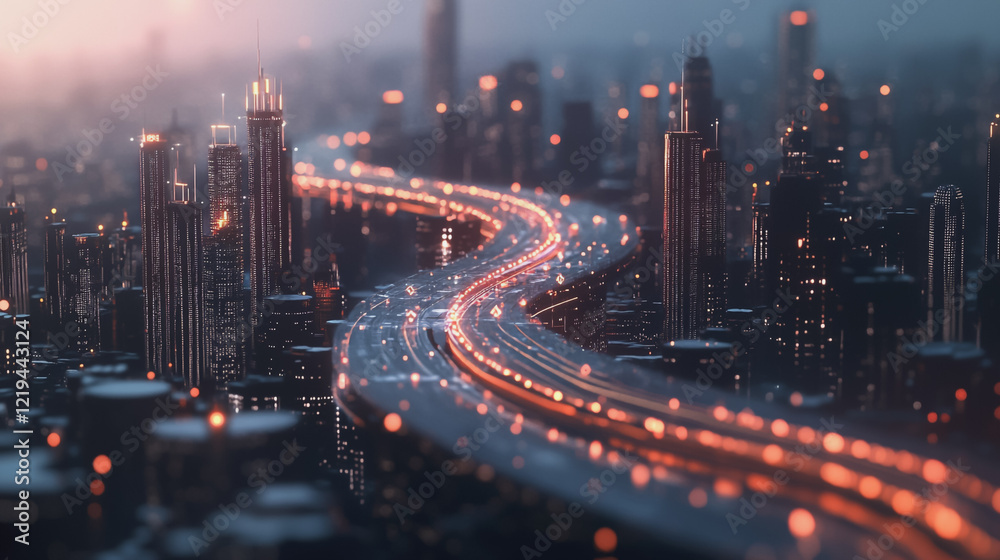 Fototapeta premium Smart digital Innovation city with connection network reciprocity over the twilight cityscape. of future smart wireless digital city and social media networking systems that connects people with city 