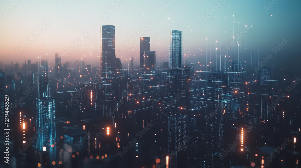 Fototapeta premium Smart digital Innovation city with connection network reciprocity over the twilight cityscape. of future smart wireless digital city and social media networking systems that connects people with city