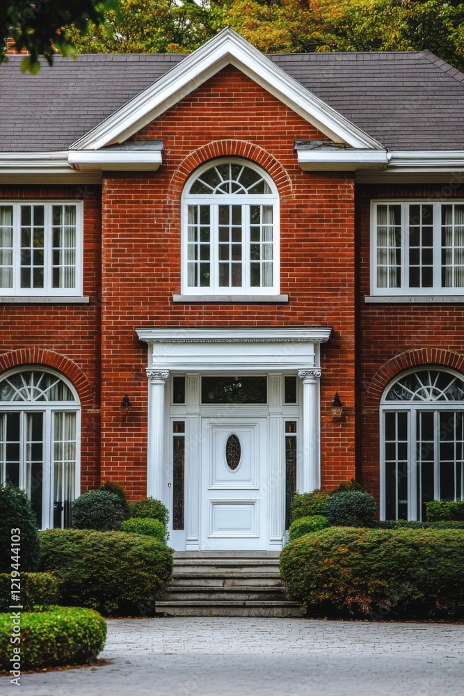 In a peaceful suburban neighborhood, an elegant red brick house adorned with white accents stands out, surrounded by meticulously trimmed hedges on a serene day In a peaceful suburban neighborhood, an elegant red brick house adorned with white accents stands out, surrounded by meticulously trimmed hedges on a serene day