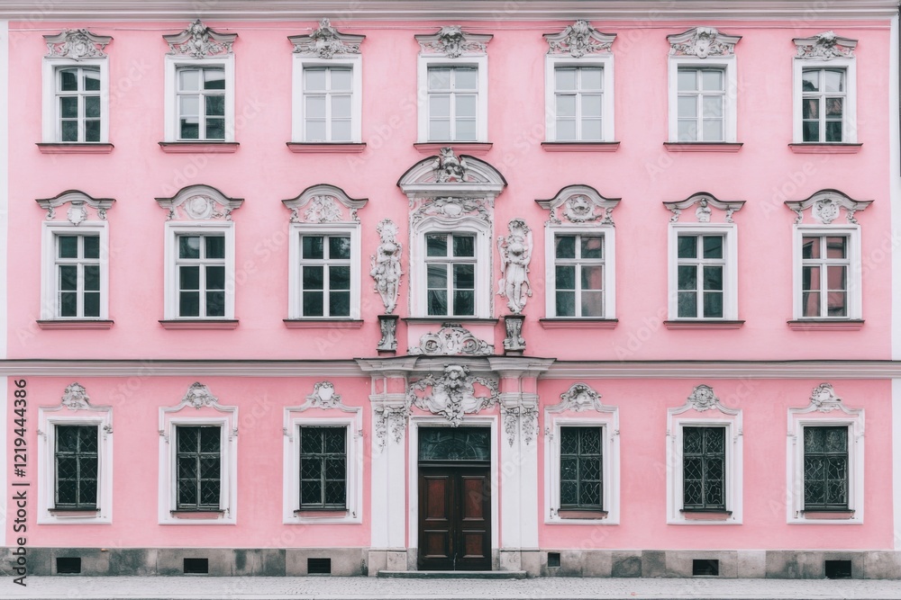 Obraz premium Historic pink building with ornate architecture showcasing sculptures and detailed window designs in a city neighborhood during daylight hours