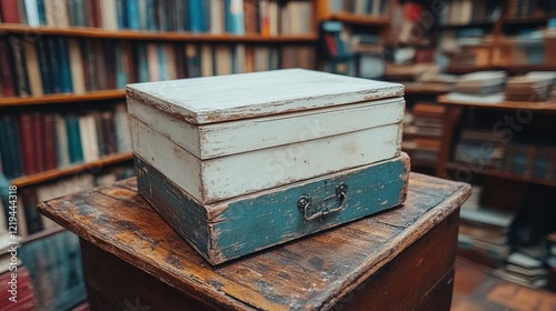 Vintage wooden box on a table with a blurred background of bookshelves in a library.