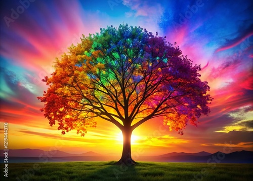 Silhouette Rainbow Tree Abstract Multicolor Leaves Design - Stock Photo
