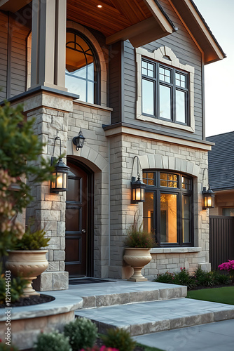 Luxury Modern Home Exterior: Stone Facade, Elegant Design, and Evening Lighting photo