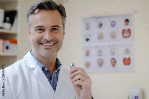 Smiling doctor holding a hearing aid in a clinic, raising awareness about hearing health and ear protection photo