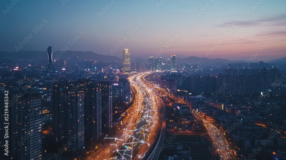 Fototapeta premium Smart digital Innovation city with connection network reciprocity over the twilight cityscape. of future smart wireless digital city and social media networking systems that connects people with city 