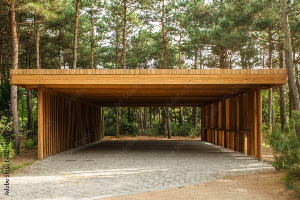 Wooden pavilion nestled among tall trees in a serene forest, designed for open-air gatherings and relaxation during daytime Wooden pavilion nestled among tall trees in a serene forest, designed for open-air gatherings and relaxation during daytime
